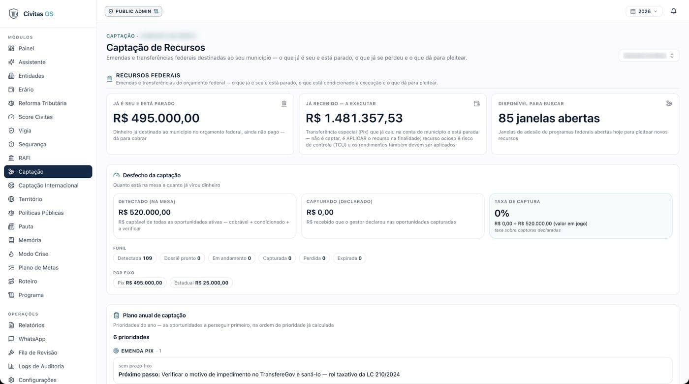 Tela real do módulo Captação